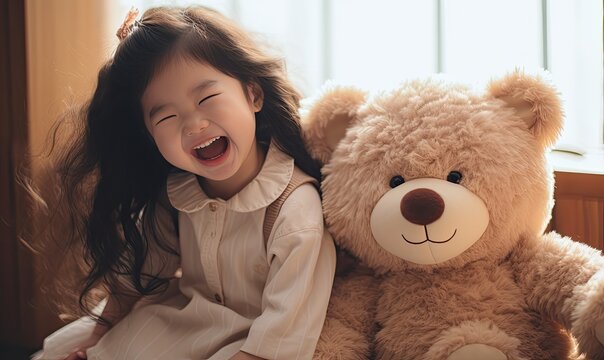 Photo of a baby sitting with a bear on a cozy bed