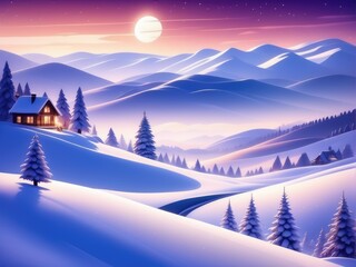 Merry Christmas and happy New Year greeting card with snowy hills