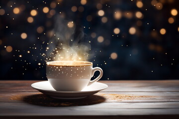 A cup of hot drink with steam against golden bokeh background - obrazy, fototapety, plakaty