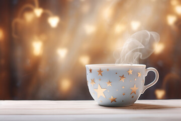 A cup of hot drink with steam against golden bokeh background