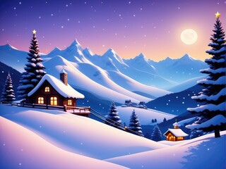 Fototapeta premium Merry Christmas and happy New Year greeting card with snowy hills