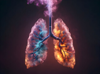Illustration of burning lungs all in smoke in yellow violet neon lighting. Smoker's lungs concept