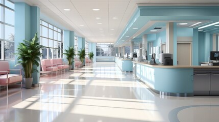 Fototapeta premium Hospital hallway, reception clinic. Unfocused background