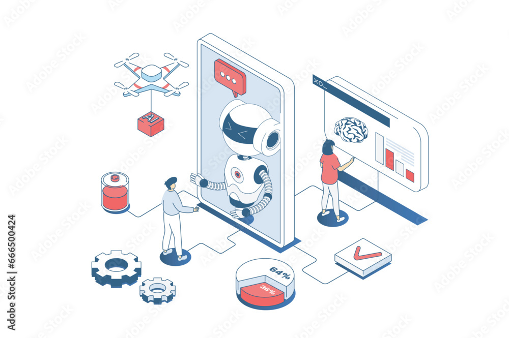 Poster Artificial intelligence concept in 3d isometric design. Engineers working with ai robots, machine learning and programming digital brain. Vector illustration with isometry people scene for web graphic