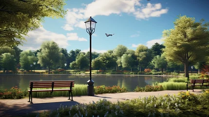 Fototapeten Parkland Pond: Capture a local park turned into a temporary pond, with lamp posts and benches partially visible, signifying community space loss © Filip