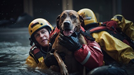 Fototapeta premium Pet Rescue: Action shot of pets being rescued from flooded areas, focusing on the human-animal bond during crises