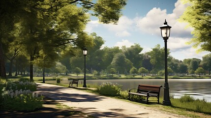 Parkland Pond: Capture a local park turned into a temporary pond, with lamp posts and benches partially visible, signifying community space loss - obrazy, fototapety, plakaty