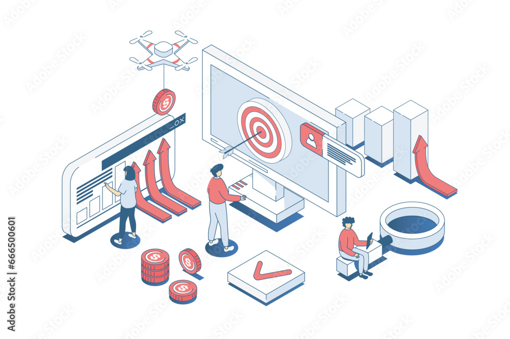 Poster business strategy concept in 3d isometric design. employees analyzing data graphs, achieving goals, 