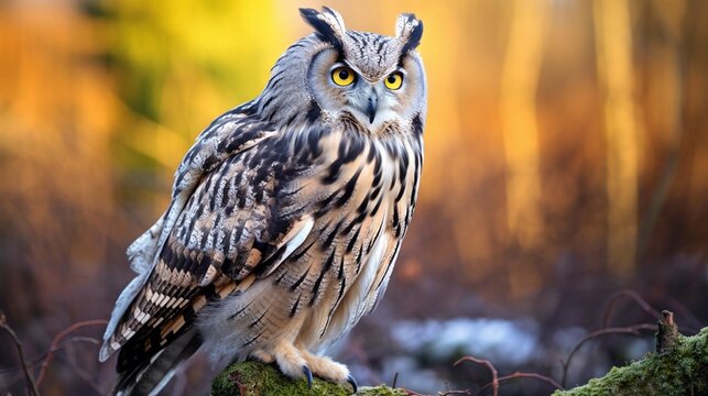 Eagle Owl in the woods in the winter season sitting on a branch of a tree