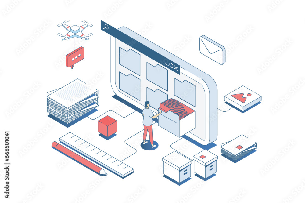 Poster Electronic organization files concept in 3d isometric design. Man organizing files in folders on screen, share and downloading documents. Vector illustration with isometry people scene for web graphic