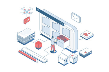 Electronic organization files concept in 3d isometric design. Man organizing files in folders on screen, share and downloading documents. Vector illustration with isometry people scene for web graphic - obrazy, fototapety, plakaty