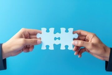 Concept of business,hands holding a jigsaw puzzle on pastel blue background, in blue colors, puzzles not converge