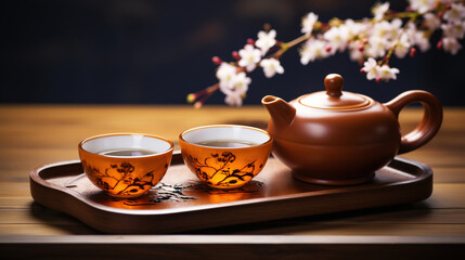 Obraz na płótnie Canvas Tea ceremony, traditional teapot and ceramic cups on wooden tray on dark background with sakura blossoms. Generative AI