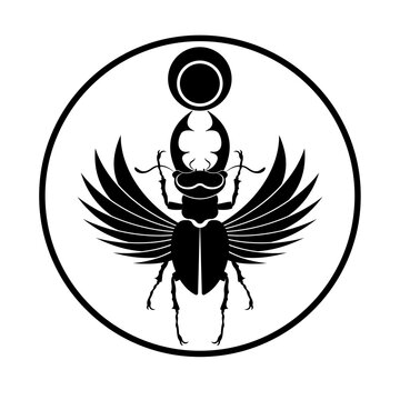 Egyptian sacred scarab stag beetle horns with wings. Black logo silhouette  vector insect isolated on a white background. Symbol of the ancient Egyptians of the god of the sun in circle shape