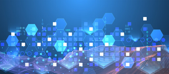 The abstract wave is made in a frame style in a bright gradient color. Template for science and technology presentation.