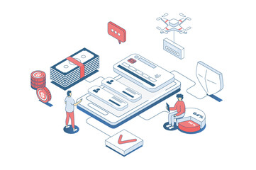 Obraz premium Mobile wallet app concept in 3d isometric design. Clients managing personal financial credit cards and accounts in online banking. Vector illustration with isometry people scene for web graphic