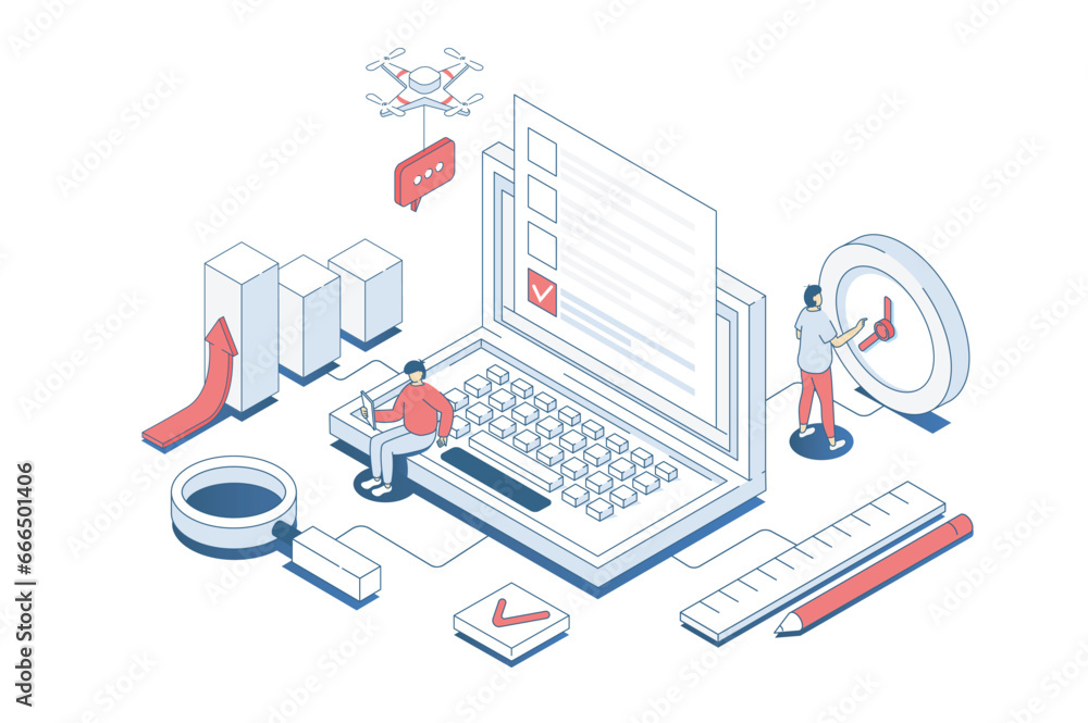 Fototapete Online survey concept in 3d isometric design. Men filling questionnaire on laptop, giving feedback, marking answers in checklist form. Vector illustration with isometry people scene for web graphic