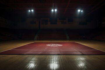 full shot straight on photo of a wrestling mat in an empty gym with low light  - obrazy, fototapety, plakaty
