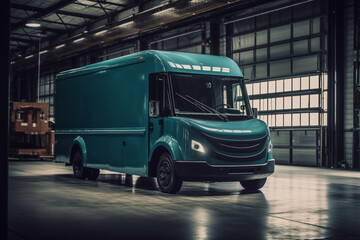 Delivery van. Self-driving Electric Van Delivering in warehouse. Electric cargo van. Production of Electric delivery van, Transport logistics. Driverless rivan in warehouse. Mail truck, Ai Generative