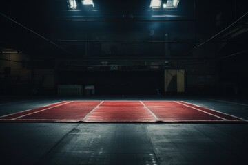 full shot straight on photo of a wrestling mat in an empty gym with low light  - obrazy, fototapety, plakaty