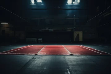 Fotobehang full shot straight on photo of a wrestling mat in an empty gym with low light  © Anastasiya