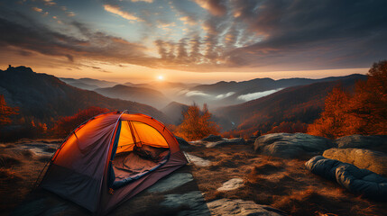 Camping in the mountains. Tent on the rocks. Beautiful summer landscape.