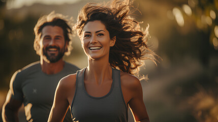 Attractive young couple is smiling and looking at camera while running outdoors