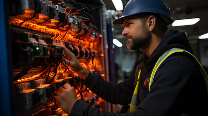 Technician working in a server room. He is checking the network.