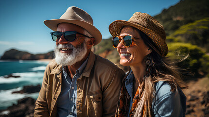 Senior couple hiking in the mountains on a sunny day. Travel and adventure concept.
