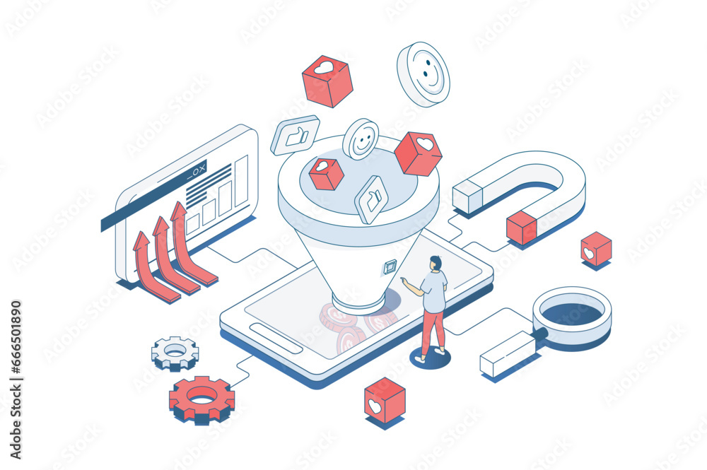 Wall mural social media funnel concept in 3d isometric design. marketer attracting new audience and converting,