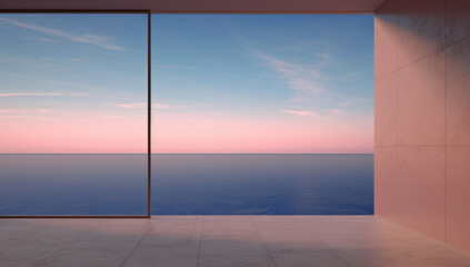 An open window overlooking a view over ocean from an unlit room.