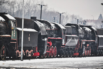 Old vintage steam train, locomotive, train with red wheels, old carriages beautiful wehicle