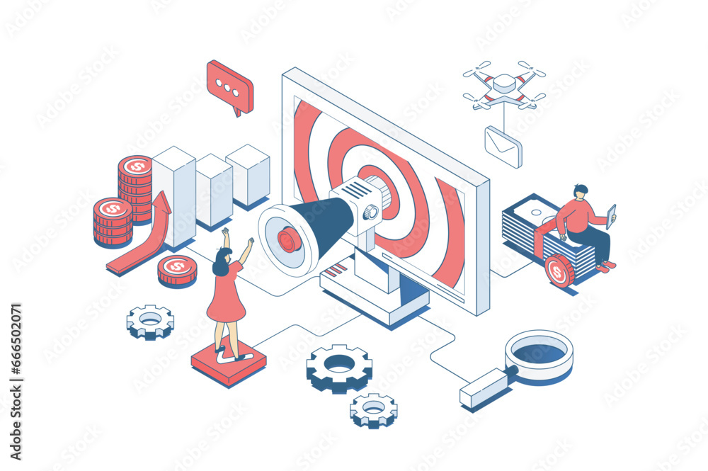 Leinwandbilder social media marketing concept in 3d isometric design. man making online promotion and attracting ne