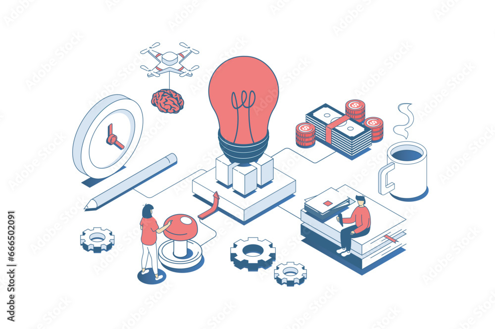 Aufkleber Startup concept in 3d isometric design. Business team brainstorming and creating new company, attracting investment for development. Vector illustration with isometry people scene for web graphic