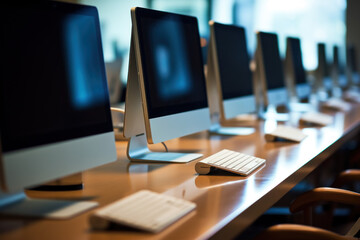 alignement d'ordinateur à écran plat dans des bureaux avec clavier et souris - obrazy, fototapety, plakaty