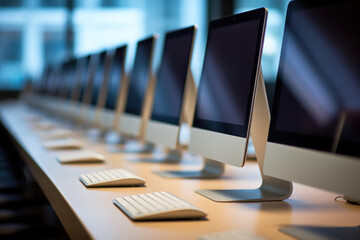 alignement d'ordinateur à écran plat dans des bureaux avec clavier et souris