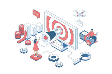 Social media marketing concept in 3d isometric design. Man making online promotion and attracting new clients for making purchases. Vector illustration with isometry people scene for web graphic - obrazy, fototapety, plakaty