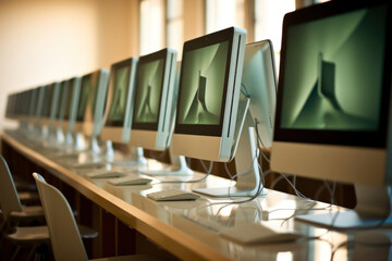 alignement d'ordinateur à écran plat dans des bureaux avec clavier et souris - obrazy, fototapety, plakaty