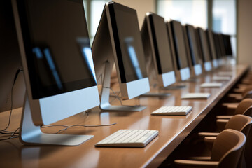 alignement d'ordinateur à écran plat dans des bureaux avec clavier et souris