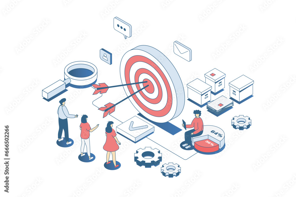 Poster target audience concept in 3d isometric design. business team studying customer focus group, creatin