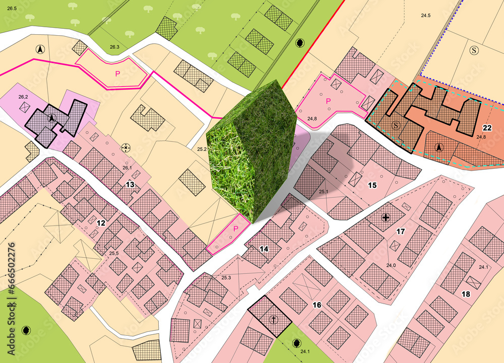 Poster imaginary city map with a green building - the architecture of the future - concept image