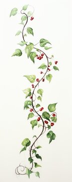 minimalist design, hand painted green and red grapevine on textured white paper