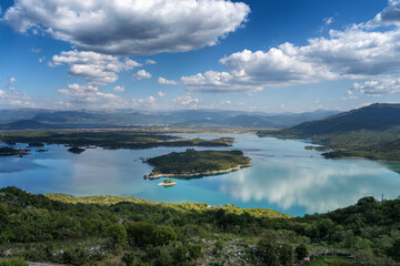 Aerial view of salt lake of Slano with islands in Montenegro.. Beautiful summer landscape