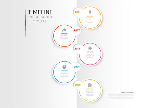 Simple light five steps vertical timeline infographic template made from circles