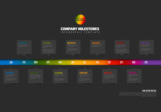 Full year dark timeline template with 12 month texts in white speech bubbles on rainbow time line