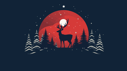 Cerf majestueux, roi de la forêt en hiver, sur lune rouge et fond nuit