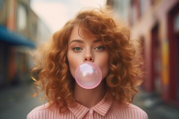Beautiful young woman blowing bubble gum. Outdoor street city walking. Generate Ai - obrazy, fototapety, plakaty