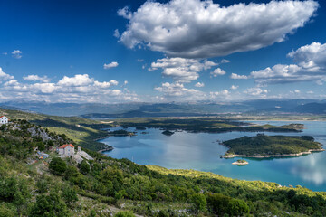 Naklejka na ściany i meble Aerial view of salt lake of Slano with islands in Montenegro.. Beautiful summer landscape