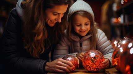 Obraz na płótnie Canvas Festive winter portrait of a smiling mother and her daughter with Christmas balls. Merry Christmas and Happy New Year. Wallpaper, illustration, background.