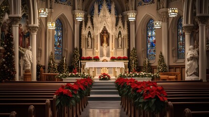 Beautiful decorated church during the festive Christmas season. Ornate religious symbols in Catholic or Lutheran cathedral. Altar and isle with winter decorations to celebrate birth of Jesus.